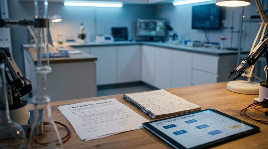 Collaboration agreement document with research materials in a technology and innovation lab setting.