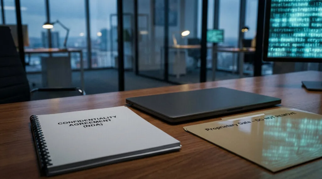 Confidentiality agreement beside secure files and laptop in a modern technology office environment.