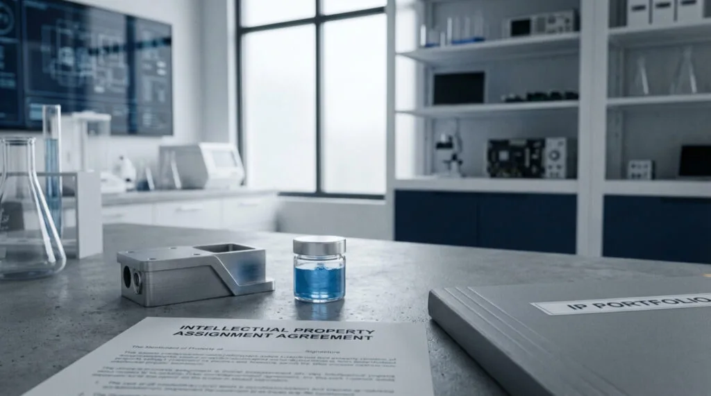 Intellectual property assignment agreement next to prototype device in a life sciences workspace.