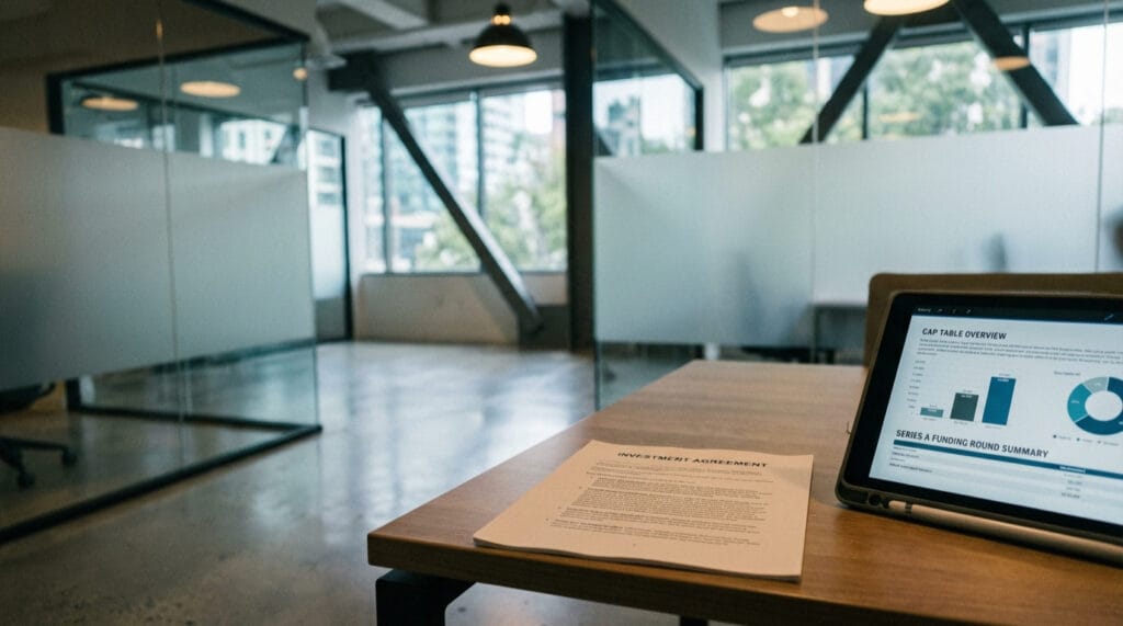 Investment agreement and funding documents displayed in a modern startup boardroom environment.
