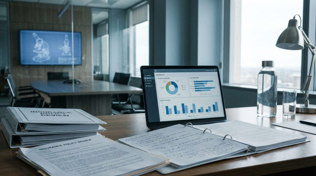 Insurance policy documents and analysis charts on a sleek desk in a modern law office, representing legal review and enforcement of policyholder rights for startups and enterprise clients.