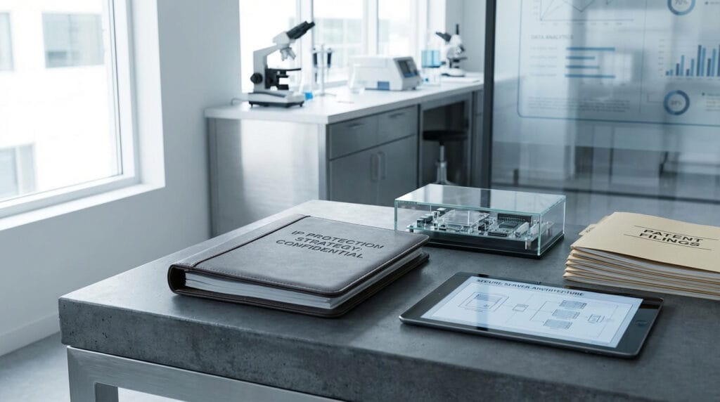 Intellectual property protection strategy document on a modern lab desk beside prototype device and patent files in biotech and technology office