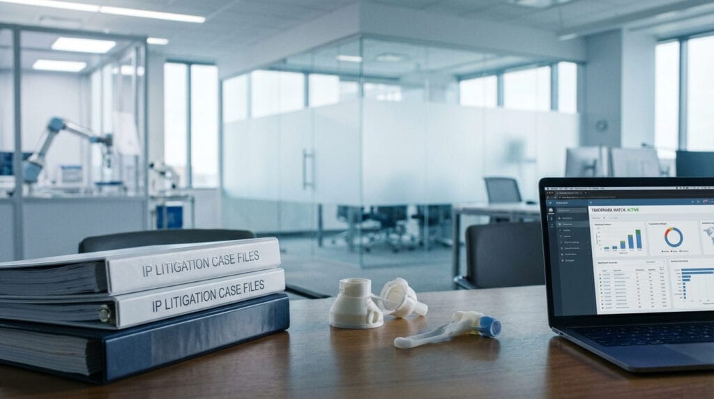 Intellectual property litigation files on a desk with product prototypes and trademark monitoring software, representing enforcement and brand protection in life sciences and technology startups.