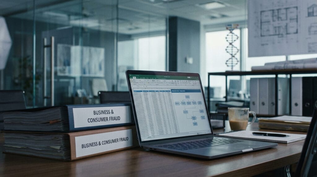 Organized business and consumer fraud case files with evidence logs and procedural timelines, conveying investigative precision and legal defense strategy for corporate clients.