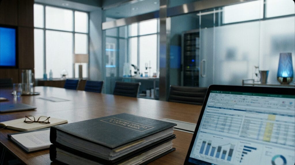 Securities dispute and capital raise legal briefs with shareholder charts on a modern office desk, illustrating proactive financial compliance and investor protection for startups and enterprise companies.