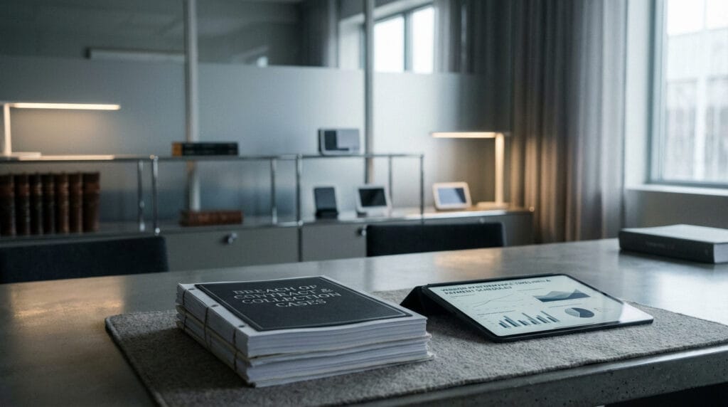 Breach of contract and collection case files with vendor performance and payment schedules displayed on a tablet, reflecting enforceable agreements and strategic legal resolution for tech and biotech firms.