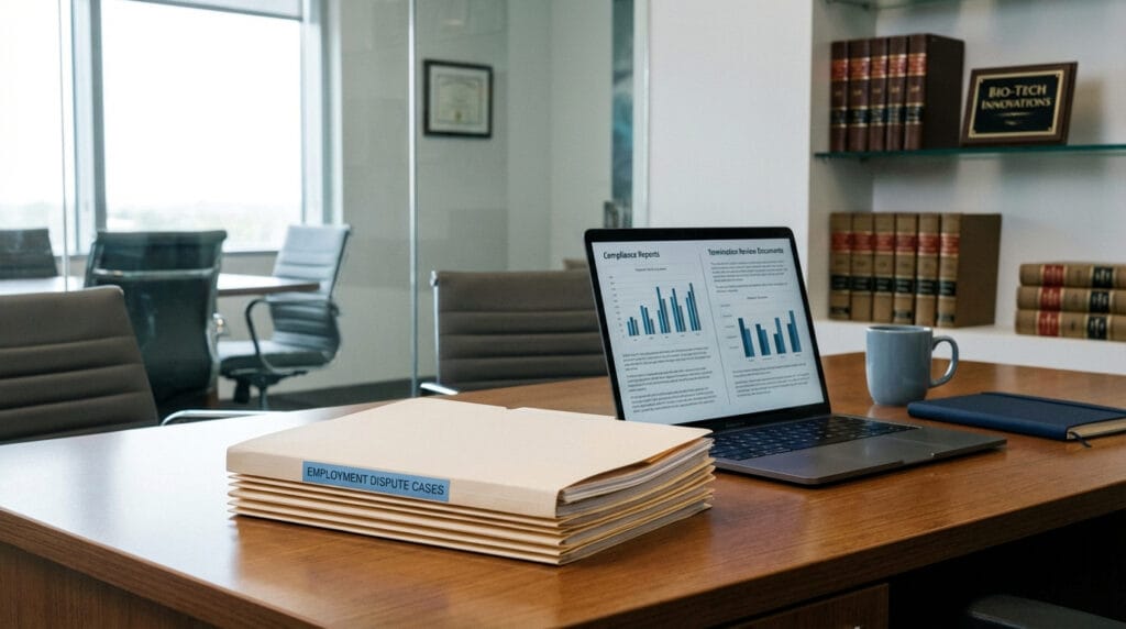 Employment dispute legal files with compliance reports on a modern office desk, symbolizing workforce stability, strategic mitigation, and professional legal defense for startups and life sciences companies.