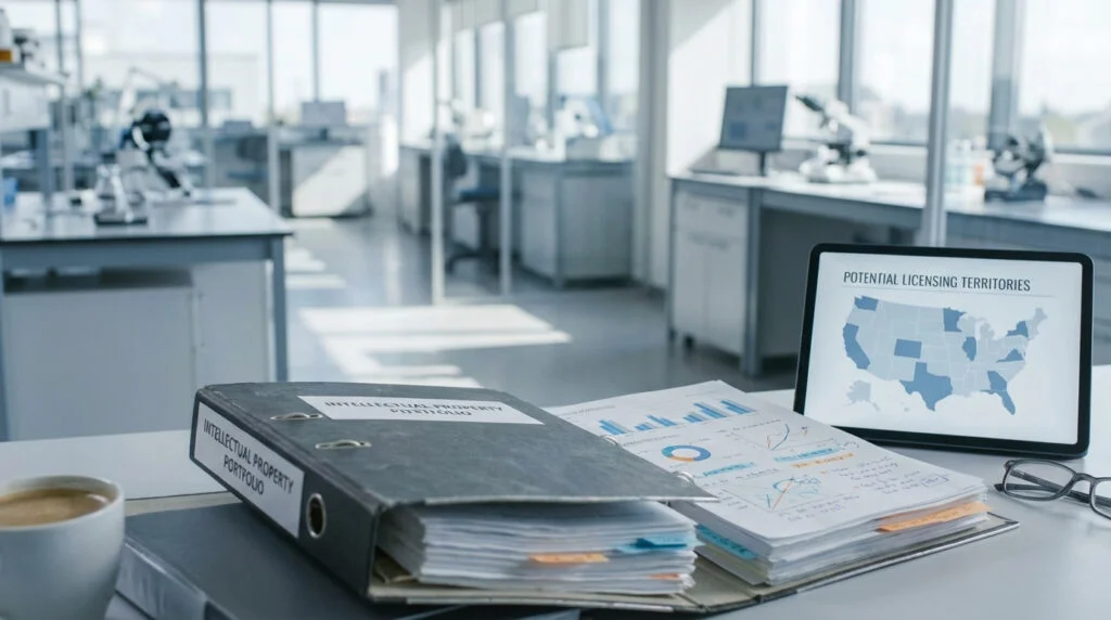 Open IP portfolio binder on a startup desk with charts and global map on tablet highlighting licensing opportunities for biotech and tech intellectual property