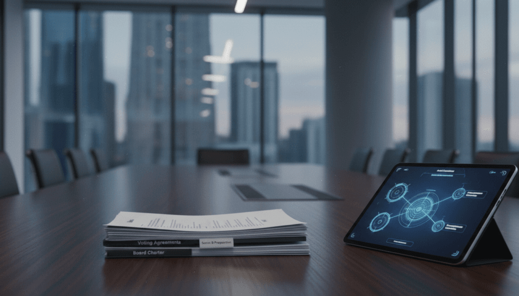 Updated bylaws and board charter documents beside governance structure diagram preparing startup for Series B institutional investment.