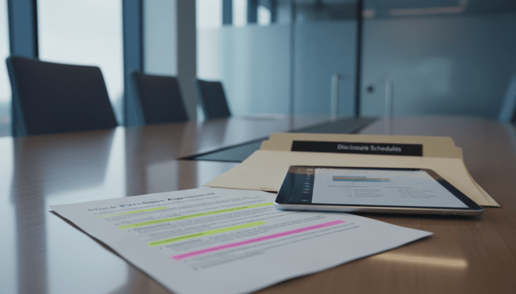 Marked-up Stock Purchase Agreement with highlighted indemnification and disclosure schedules next to tablet displaying earn-out milestones and closing checklist in boardroom setting.