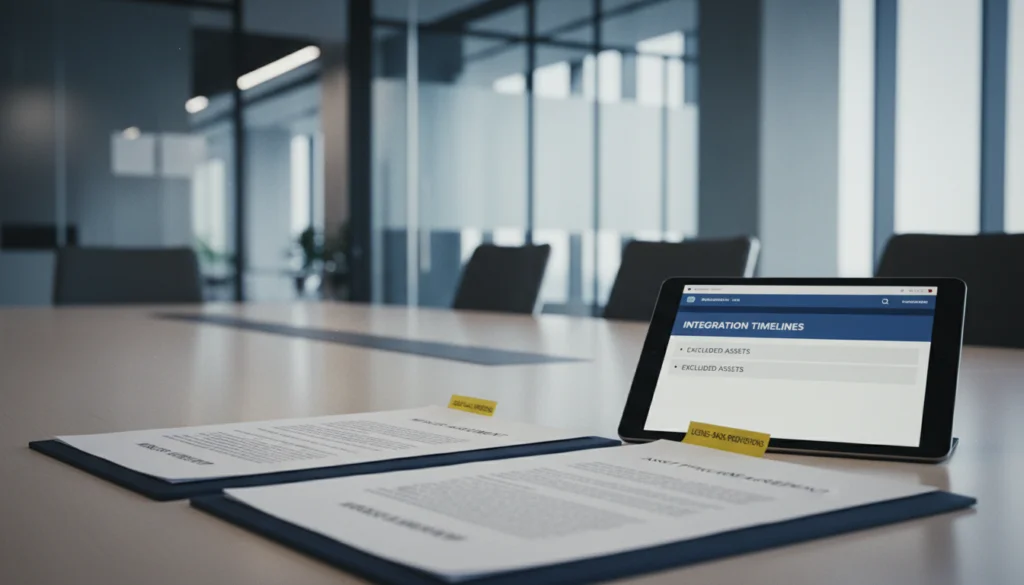 Merger and Asset Purchase Agreements with excluded assets list and license-back provisions beside tablet showing integration timeline in modern tech corporate headquarters.