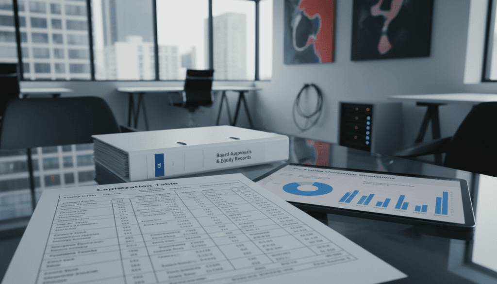 Clean capitalization table with vesting schedules and pro-forma ownership model displayed on tablet in contemporary startup boardroom.
