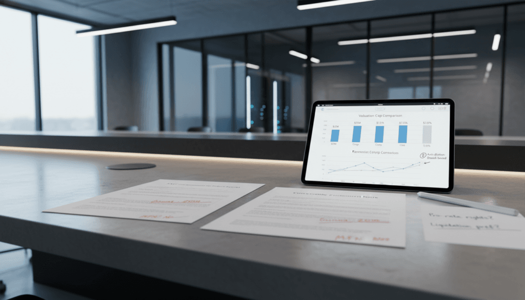 SAFE agreement and convertible note next to tablet comparing valuation caps and equity conversion scenarios in modern innovation workspace.