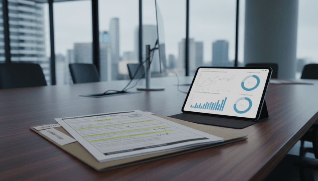 Marked-up term sheet highlighting liquidation preferences, voting rights, and anti-dilution clauses beside tablet showing venture capital market benchmarks in modern boardroom.