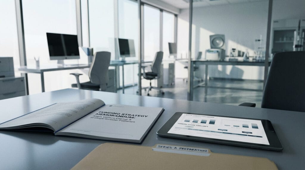 Startup funding strategy memorandum comparing angel investors, venture capital, and strategic investors beside tablet showing capital stack and Series A timeline in modern tech office.