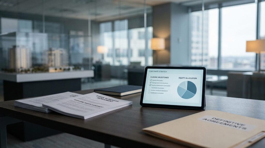 Stock Purchase Agreement and Investors’ Rights Agreement beside tablet showing equity allocation and closing checklist in modern corporate office setting.