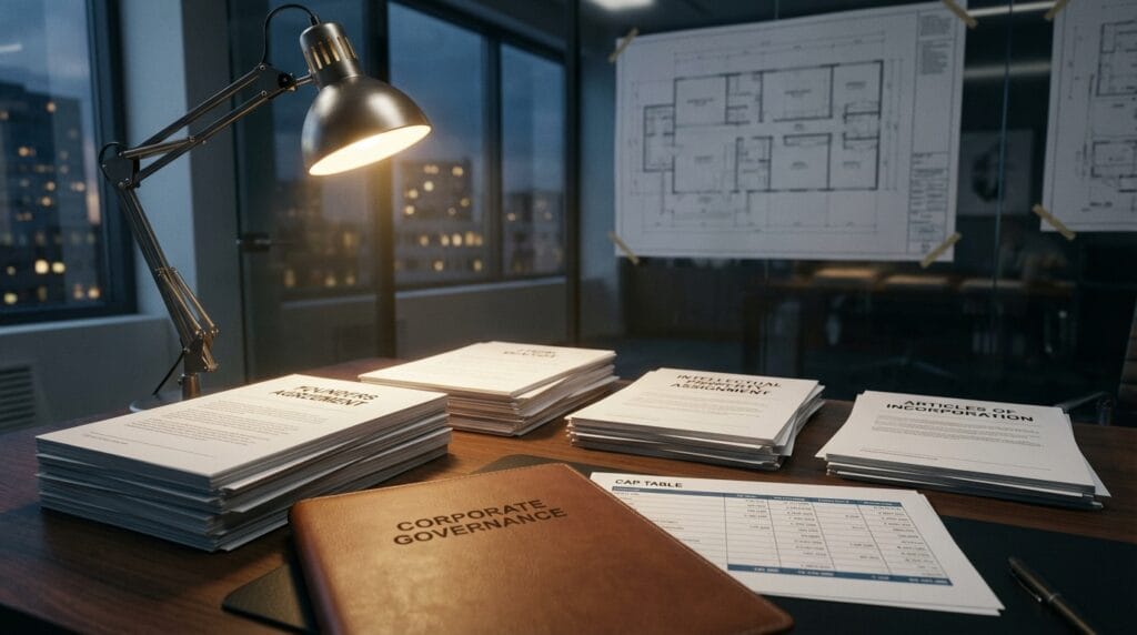 Startup formation documents including founders agreement, IP assignment, and capitalization structure on an executive desk.