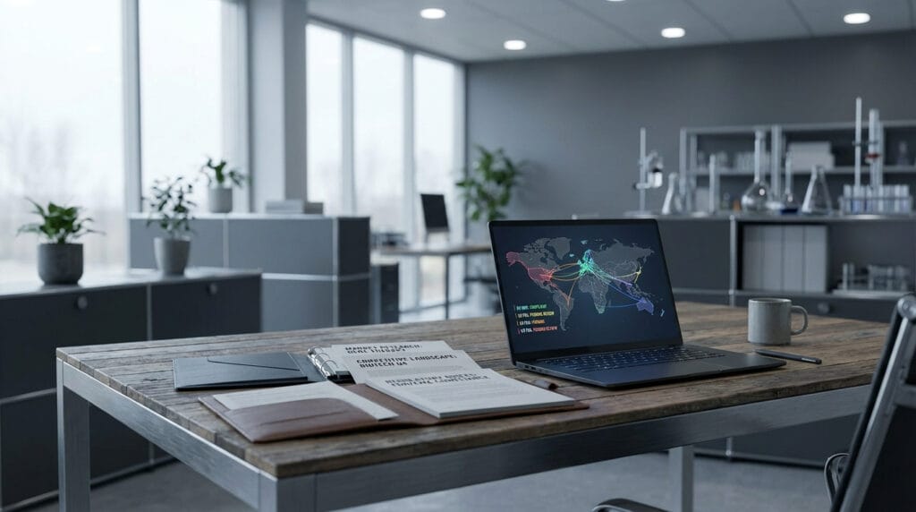 Market research reports, competitive analysis charts, and regulatory compliance briefs on desk, laptop showing jurisdiction-specific compliance overlays, modern tech or life sciences strategy office, soft natural and ambient lighting, cool muted tones, realistic textures, concept of defensible market positioning and regulatory awareness, no people.