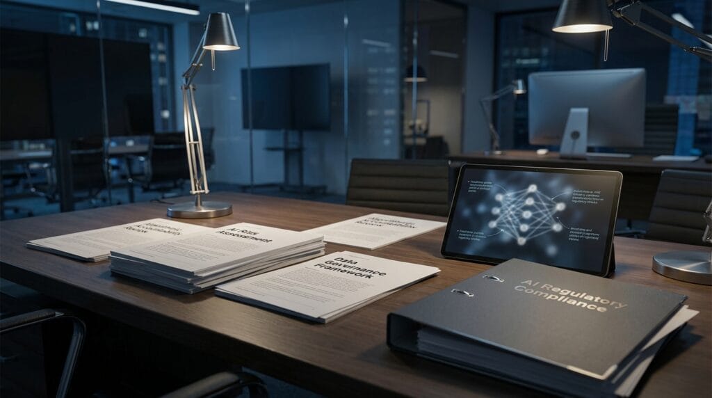 Artificial intelligence risk assessment and data governance documents in a modern technology office.