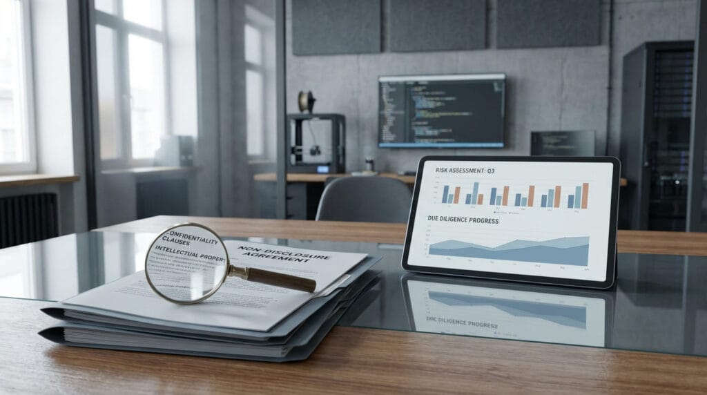 Stack of nondisclosure agreements with magnifying glass highlighting clauses and tablet showing risk assessment charts, in a modern startup office with subtle lab or tech hardware in the background, conveying confidentiality protection and due diligence.