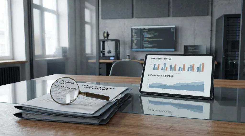 Stack of nondisclosure agreements with magnifying glass highlighting clauses and tablet showing risk assessment charts, in a modern startup office with subtle lab or tech hardware in the background, conveying confidentiality protection and due diligence.
