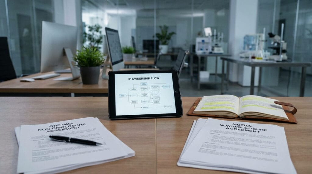 Split layout of one-way and mutual NDA documents on a startup desk, with tablet displaying IP ownership flow diagrams and highlighted notes, soft ambient lighting, blurred modern lab or tech office background, conveying strategic IP disclosure and risk management.