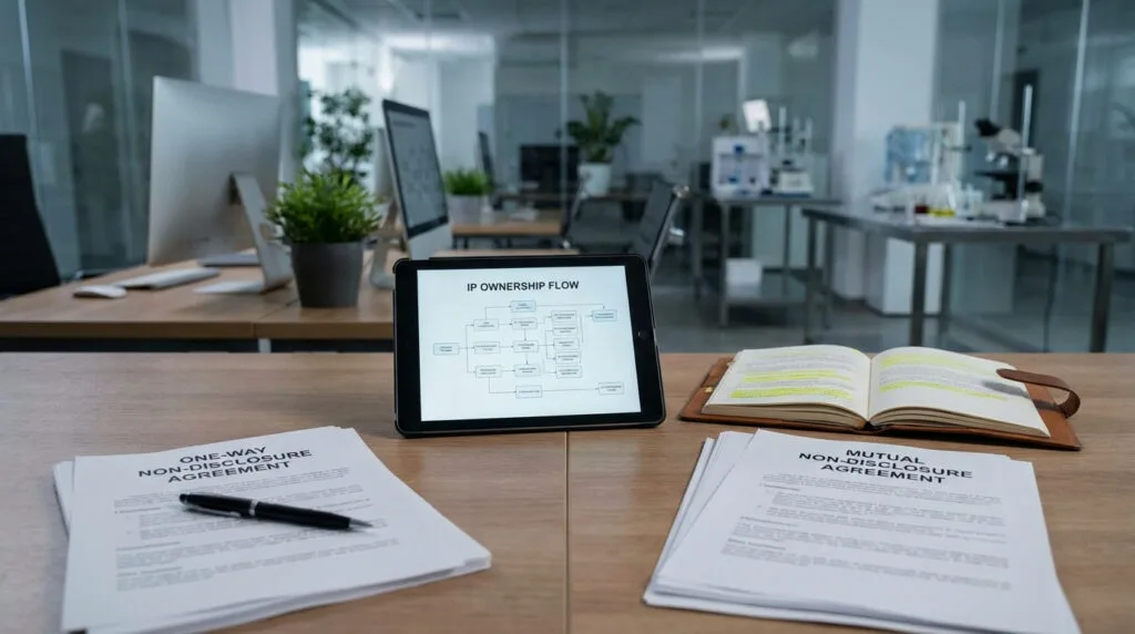Split layout of one-way and mutual NDA documents on a startup desk, with tablet displaying IP ownership flow diagrams and highlighted notes, soft ambient lighting, blurred modern lab or tech office background, conveying strategic IP disclosure and risk management.