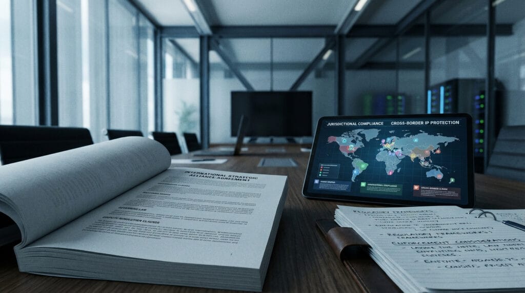 International strategic alliance agreement with governing law clauses and tablet showing global compliance map in modern tech office, conveying cross-border IP protection and regulatory alignment.