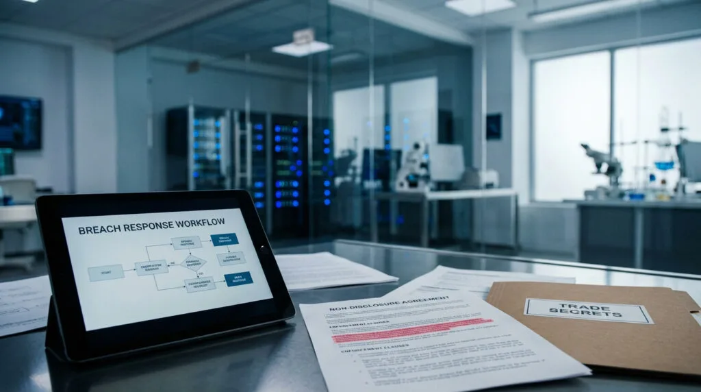 NDA documents, secure folder labeled “Trade Secrets,” and tablet showing breach response workflow on a tech startup desk, soft natural and ambient lighting, blurred lab or server room background, conveying rapid enforcement readiness and proprietary innovation protection.