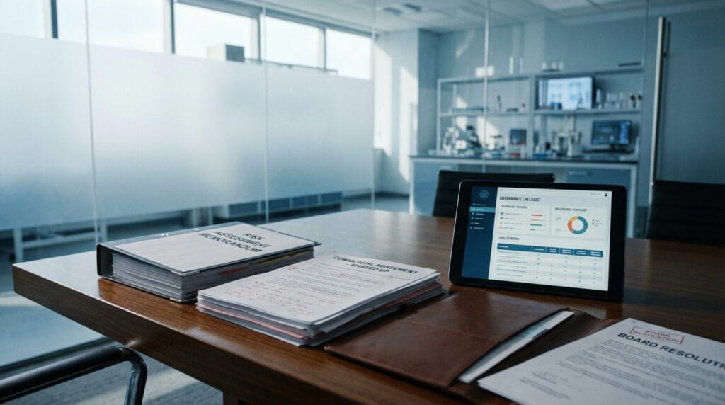 Corporate risk assessment memorandum and marked commercial agreement on modern startup desk with governance checklist for tech and biotech company