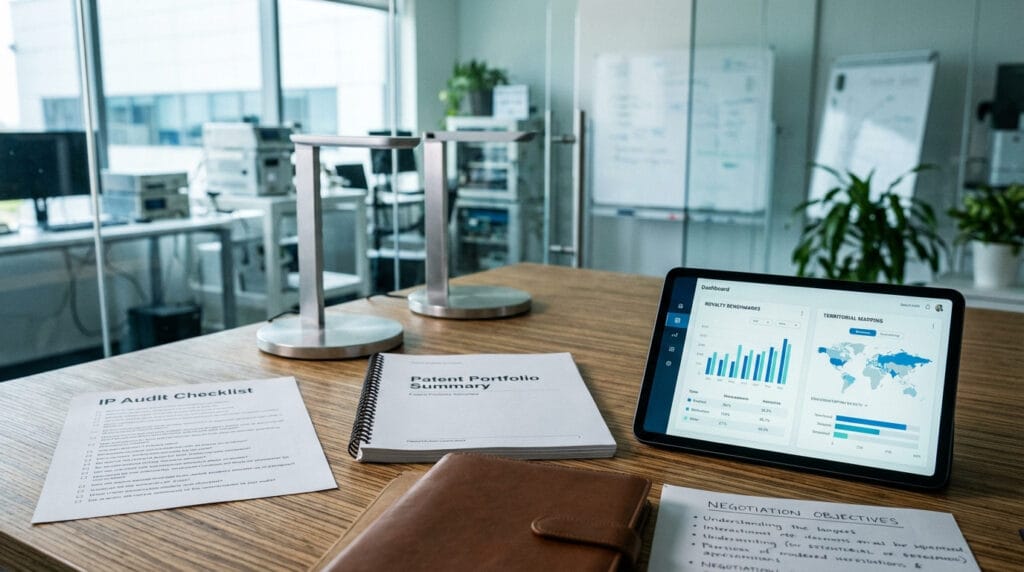 IP audit checklist and patent portfolio summary with royalty benchmarks on tablet in technology innovation workspace