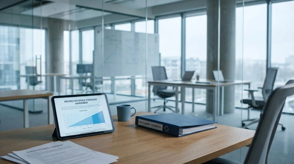 Restricted stock purchase agreement and vesting schedule on tablet beside equity ledger binder in technology startup office