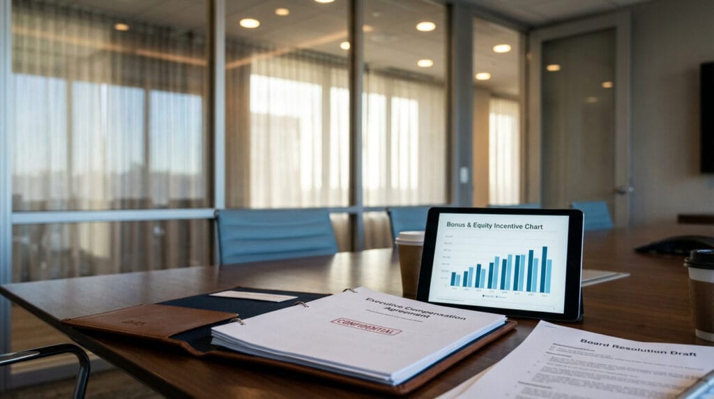 Executive compensation agreement with bonus and equity incentive chart on tablet in modern corporate boardroom