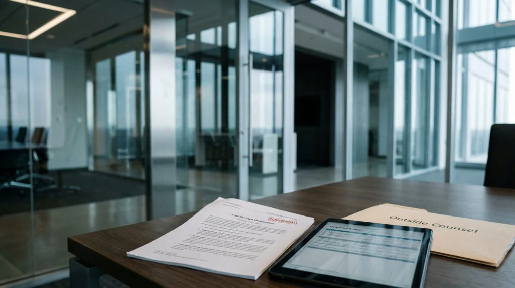 Legal oversight memorandum and outside counsel budget spreadsheet on tablet in modern corporate office setting