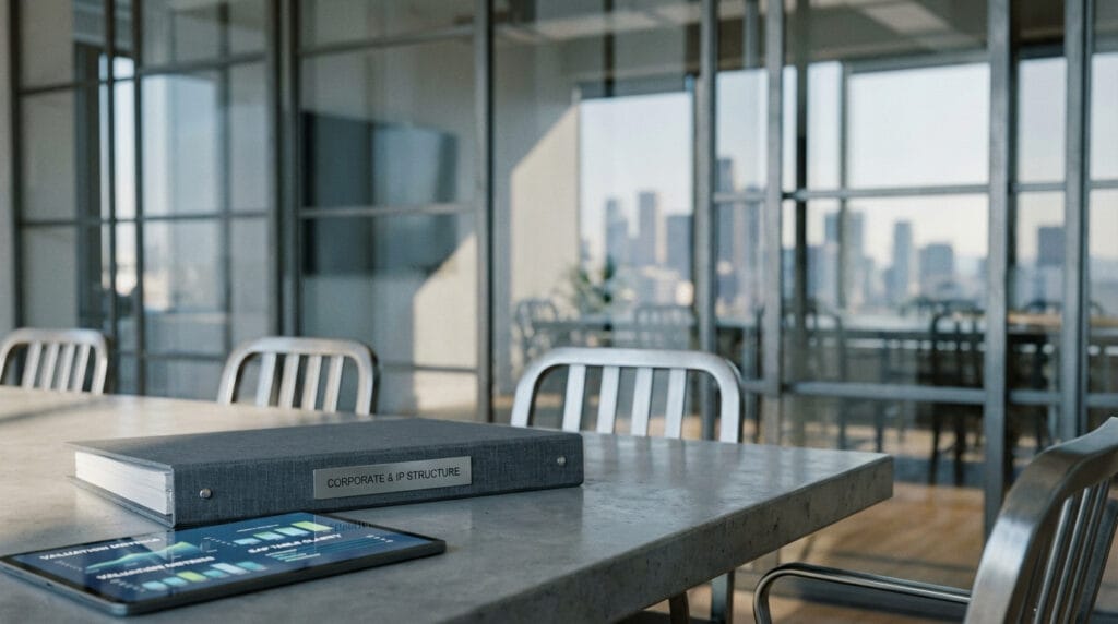 Due diligence binder and cap table valuation charts on tablet in startup boardroom prepared for investors and strategic partners