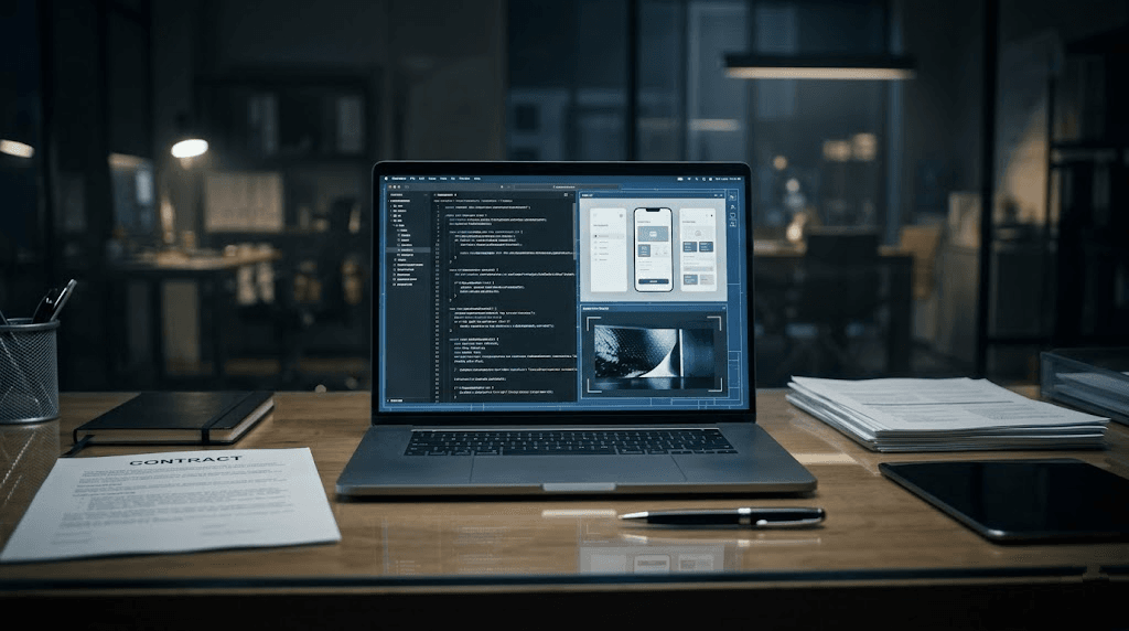 AI-generated code, UI design, and legal contract on a startup office desk illustrating AI ownership and intellectual property risk.