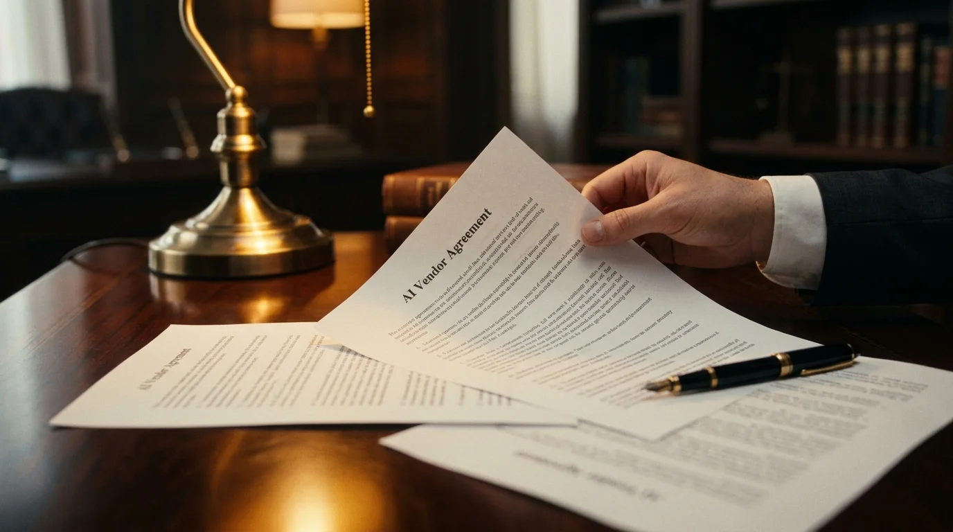 A hand in a dark suit sleeve reviews an "AI Vendor Agreement" contract document in a professional legal office, representing the critical importance of scrutinizing AI vendor contracts before signing. Multiple contract pages spread across a polished mahogany desk alongside a fountain pen, highlighting the seven key clauses every startup founder must negotiate to protect intellectual property, trade secrets, and output ownership.