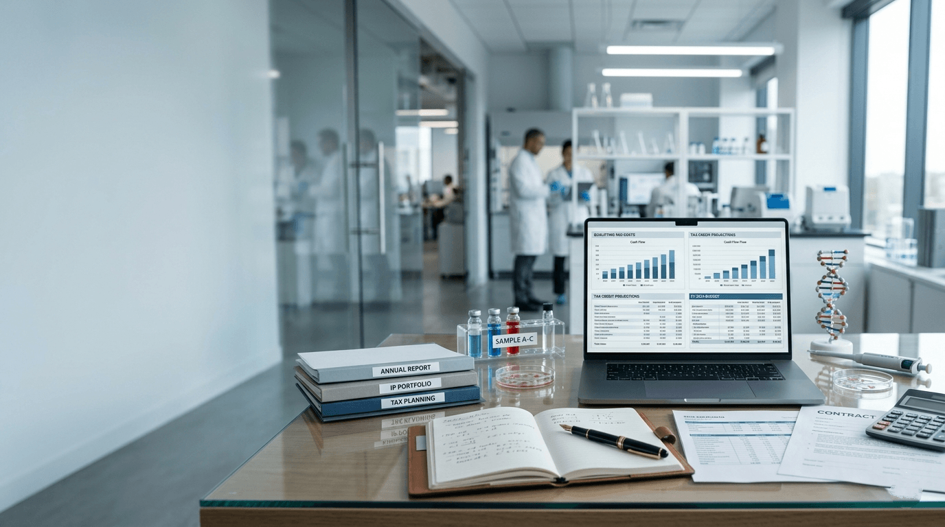 Life sciences startup workspace with financial reports, contracts, and lab samples for R&D tax credit planning.