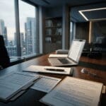Professional lawyer's desk with equity cap table documents, laptop, pen, and glasses in a modern office, showcasing startup equity planning and legal workspace.