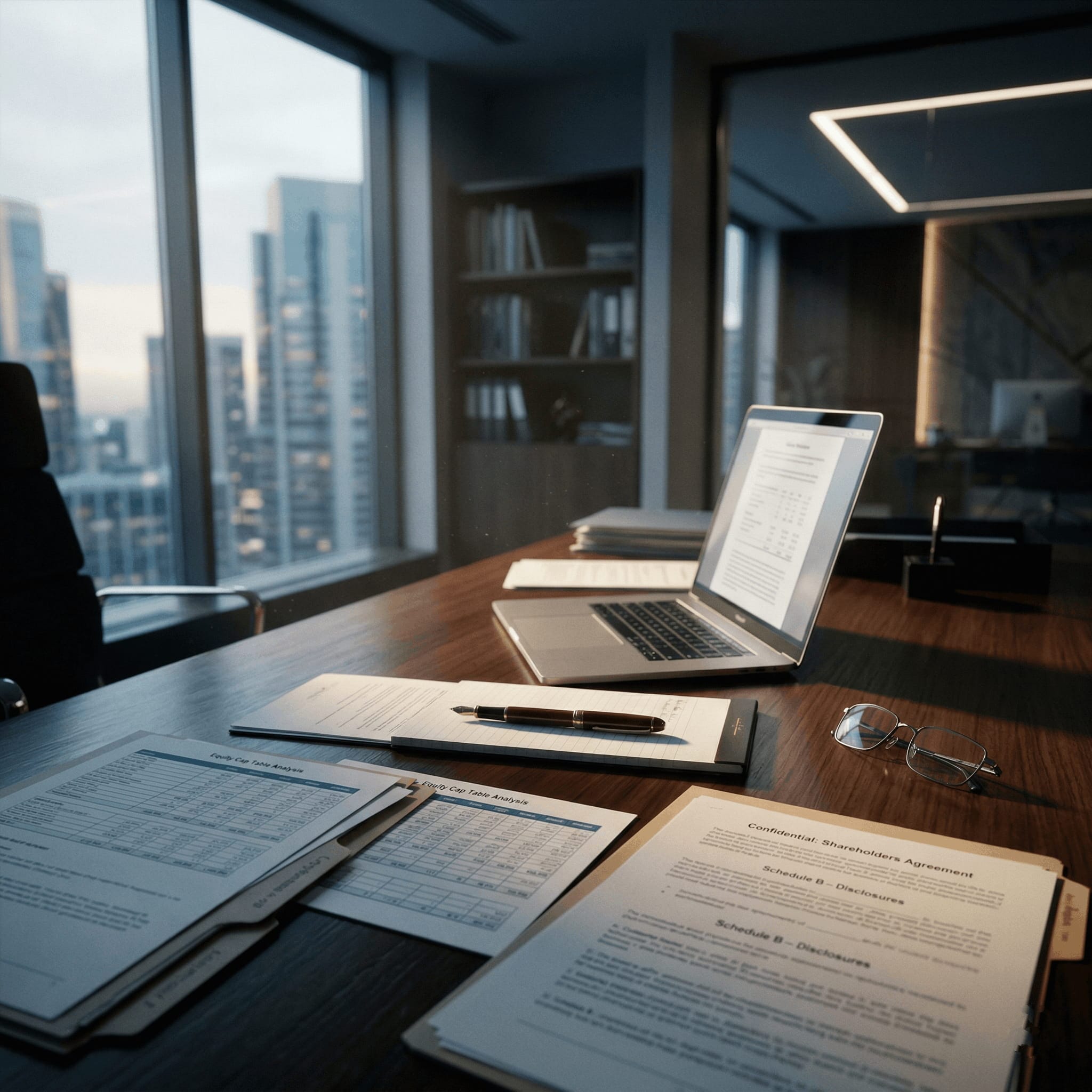 Professional lawyer's desk with equity cap table documents, laptop, pen, and glasses in a modern office, showcasing startup equity planning and legal workspace.