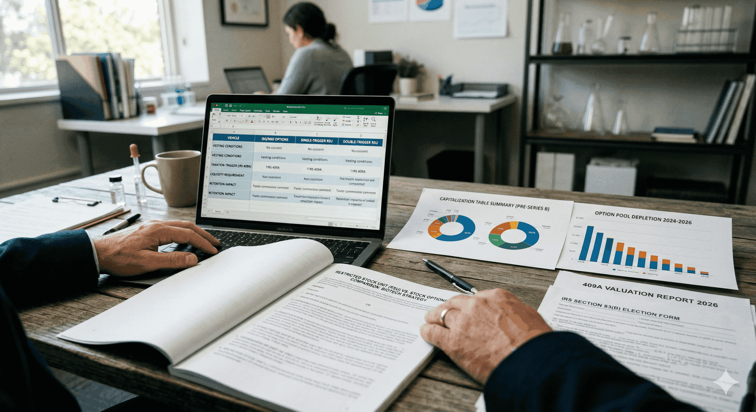 Professional reviewing equity compensation documents and startup financial reports at a desk, including RSU vs stock options comparison, 409A valuation, and capitalization table.