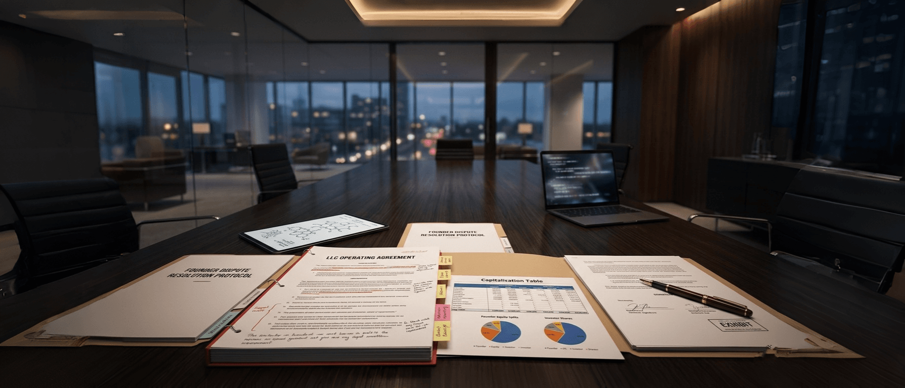 Startup operating agreements, cap tables, and founder dispute legal documents on a modern law firm conference table.