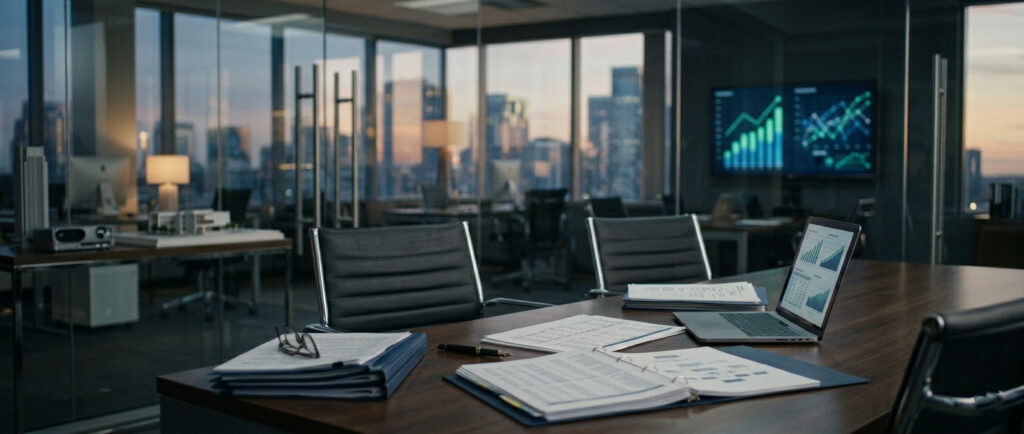 Premium corporate boardroom with financial charts and a laptop, illustrating Section 1202 and QSBS tax planning for a startup exit.
