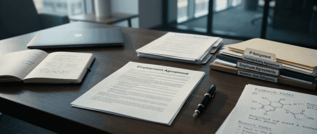 Employment agreement document on a startup founder’s desk with IP assignment, confidentiality, and investor due diligence folders.