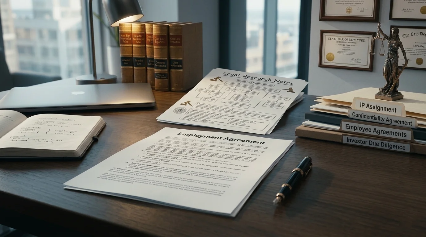 Legal startup compliance documents and AI governance agreements on a law office desk for Colorado AI Act and technology startup regulatory compliance content