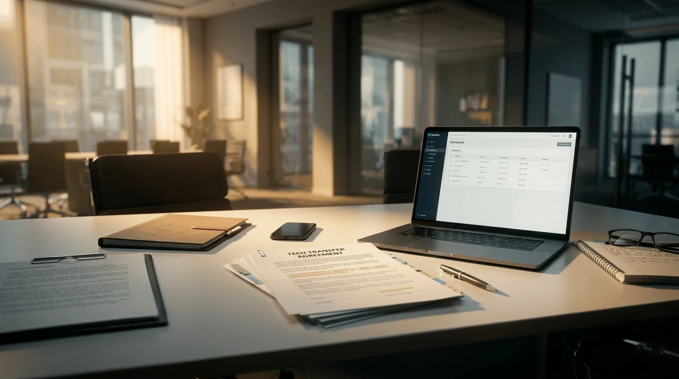 A workspace prepared for technology transfer negotiation, showing an open 'Tech Transfer Agreement' document and a data analysis laptop on a sunlit table.