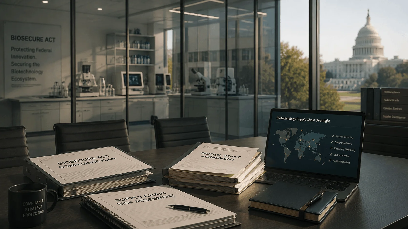 BIOSECURE Act compliance documents and federal grant agreement on a conference table with biotechnology laboratory in the background