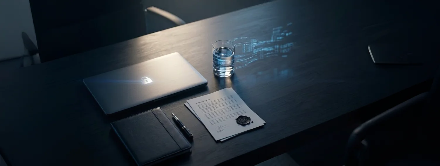 Locked laptop with glowing padlock icon on dark office desk beside sealed confidential documents and water glass with blue holographic data streams representing AI policy and IP protection