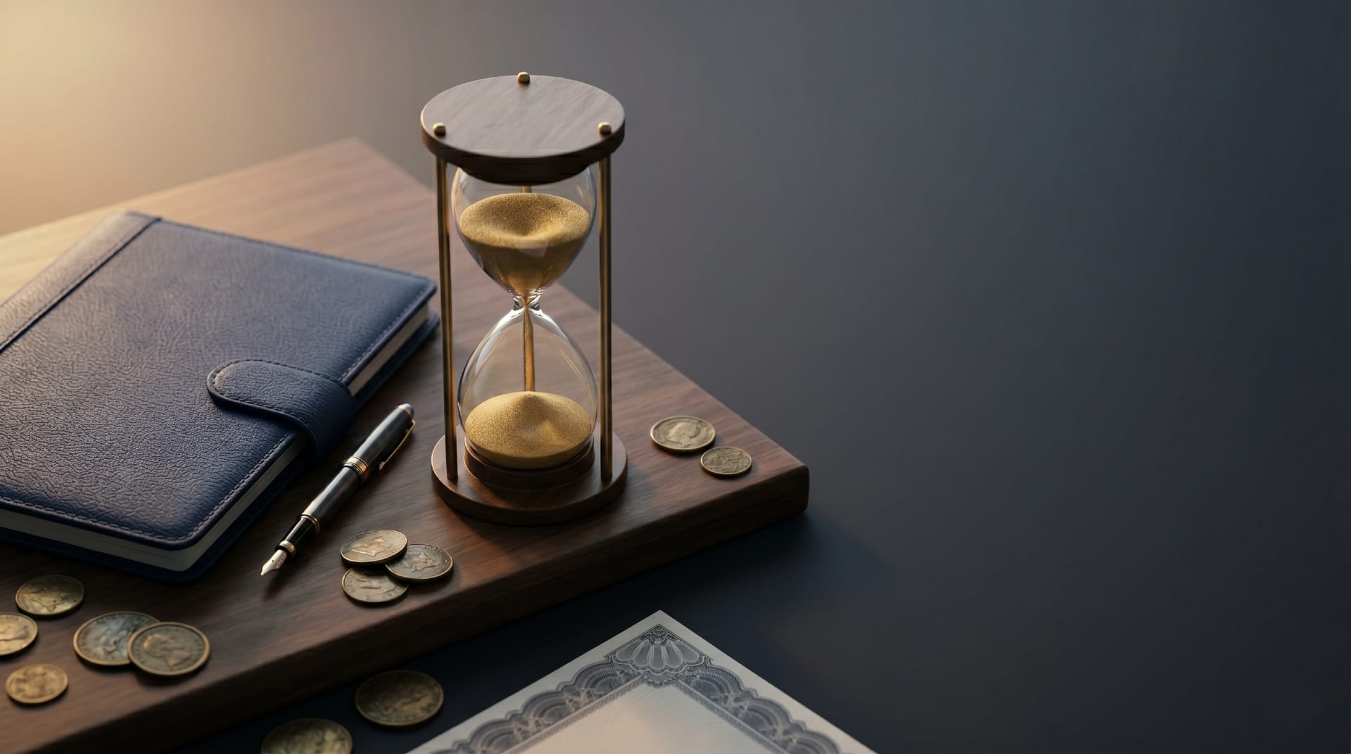 Hourglass with golden sand on walnut desk beside leather portfolio, fountain pen, brass coins, and stock certificate representing founder equity vesting timeline