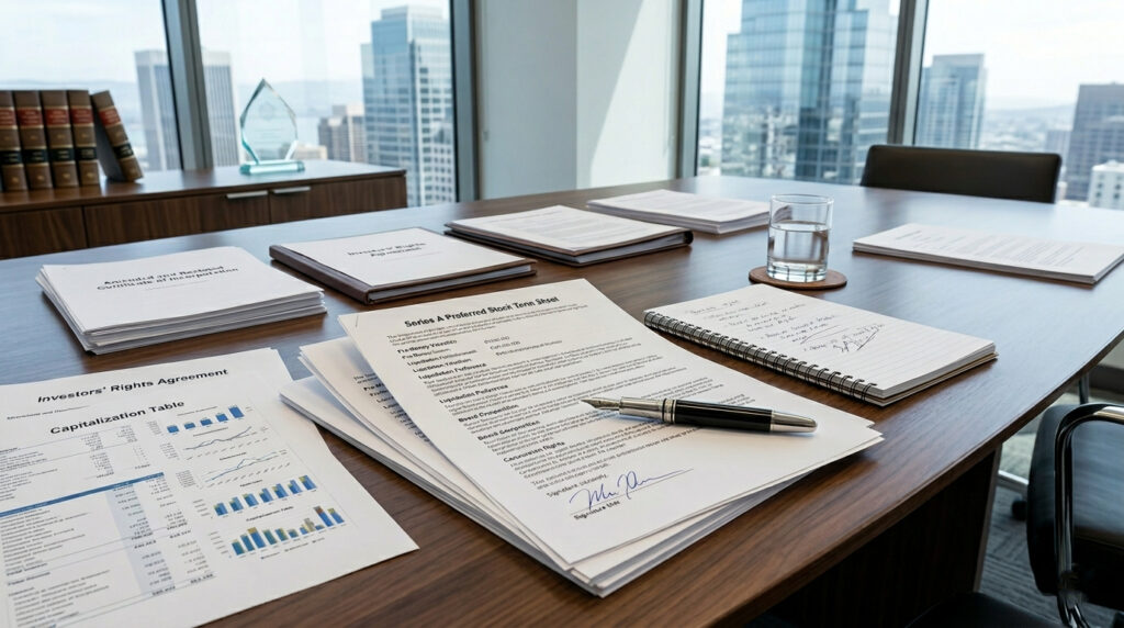 Startup term sheet and venture capital financing documents on a conference table in a corporate law office, representing startup fundraising, investor negotiations, and legal review.